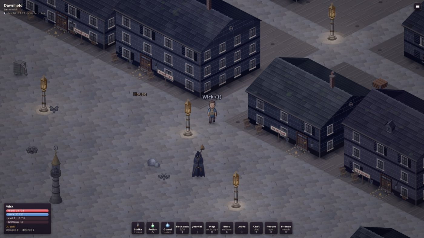 Blackwick at night: boarded-up houses, a few relit lanterns, and a Candlesnuffer on the square.
