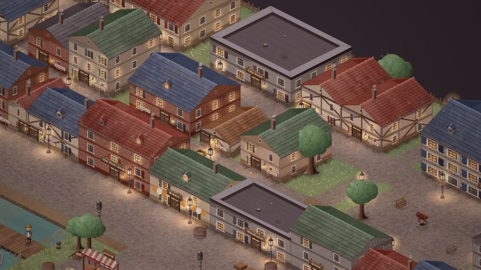 The roofs and lanes of Haven City at dusk, seen from above the quay.