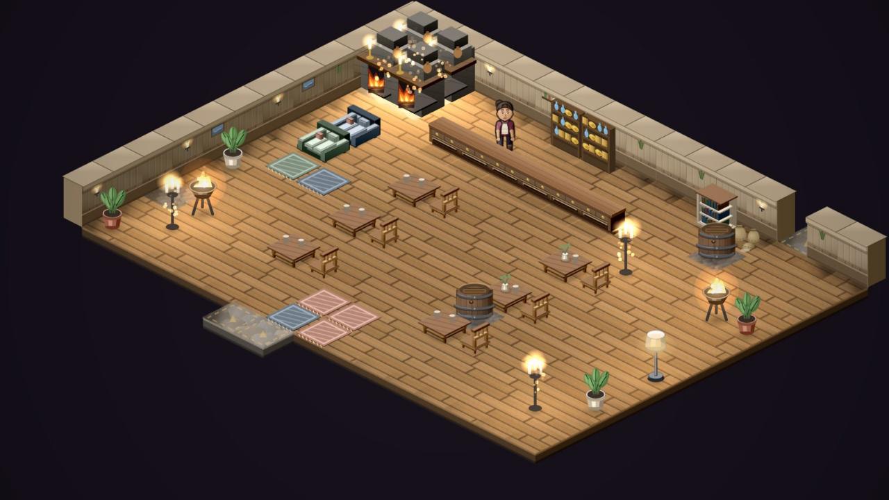 The common room of the inn: long tables, a bar and warm lamps.