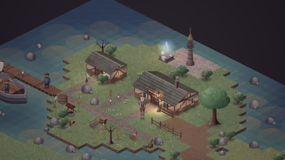 The tiny island of Kleinlicht at dusk: one house, one shed, one jetty and one beacon.