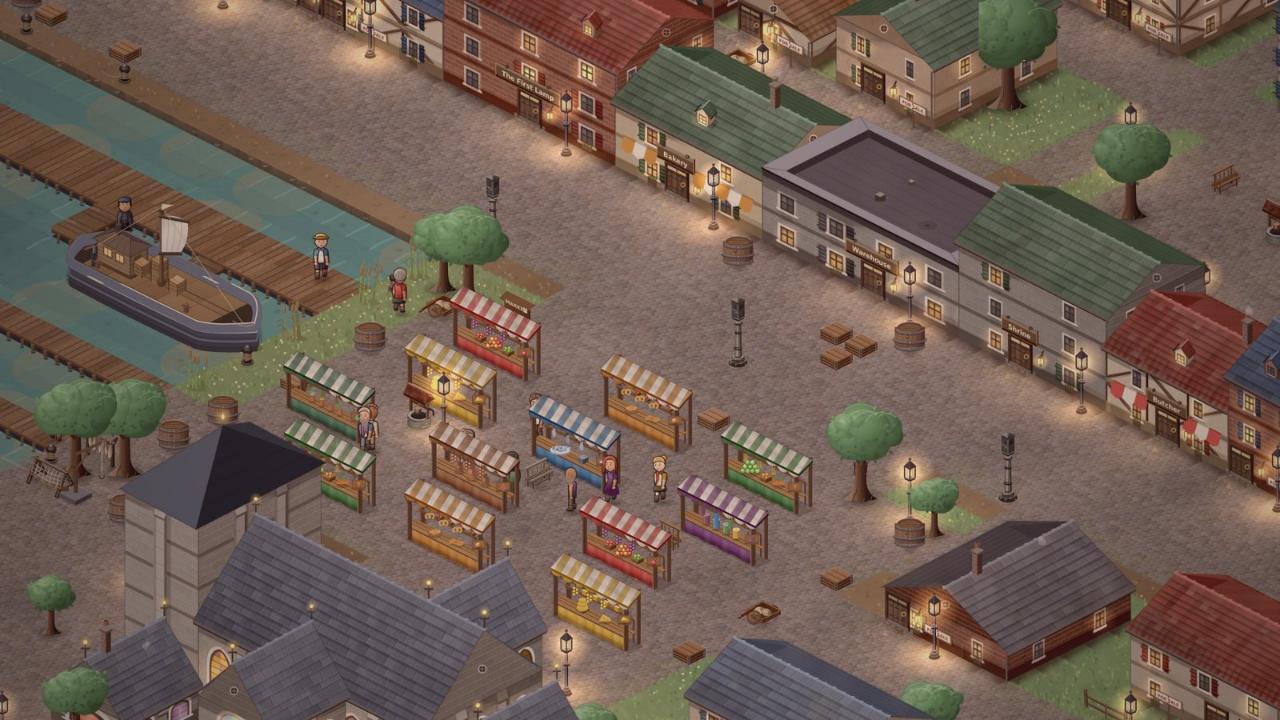 Lit market stalls on the quay of Haven City just after sundown.