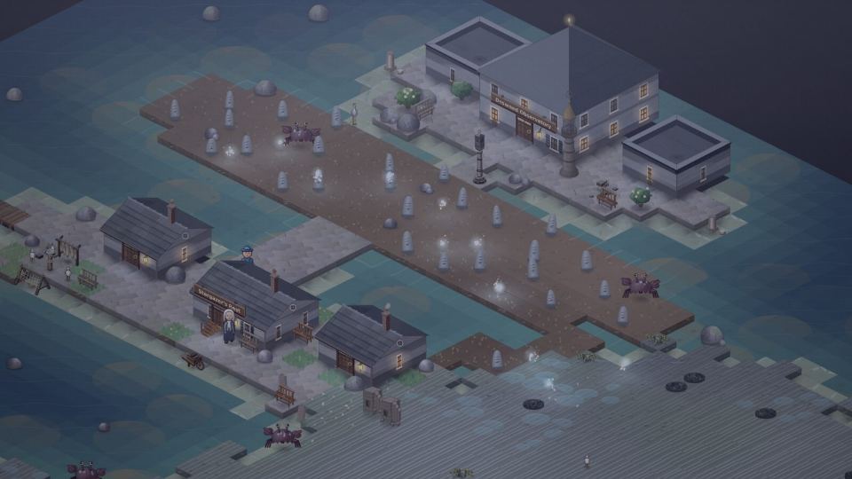 Drowned houses and wisps on the causeways of the Mistfall Isles at night.