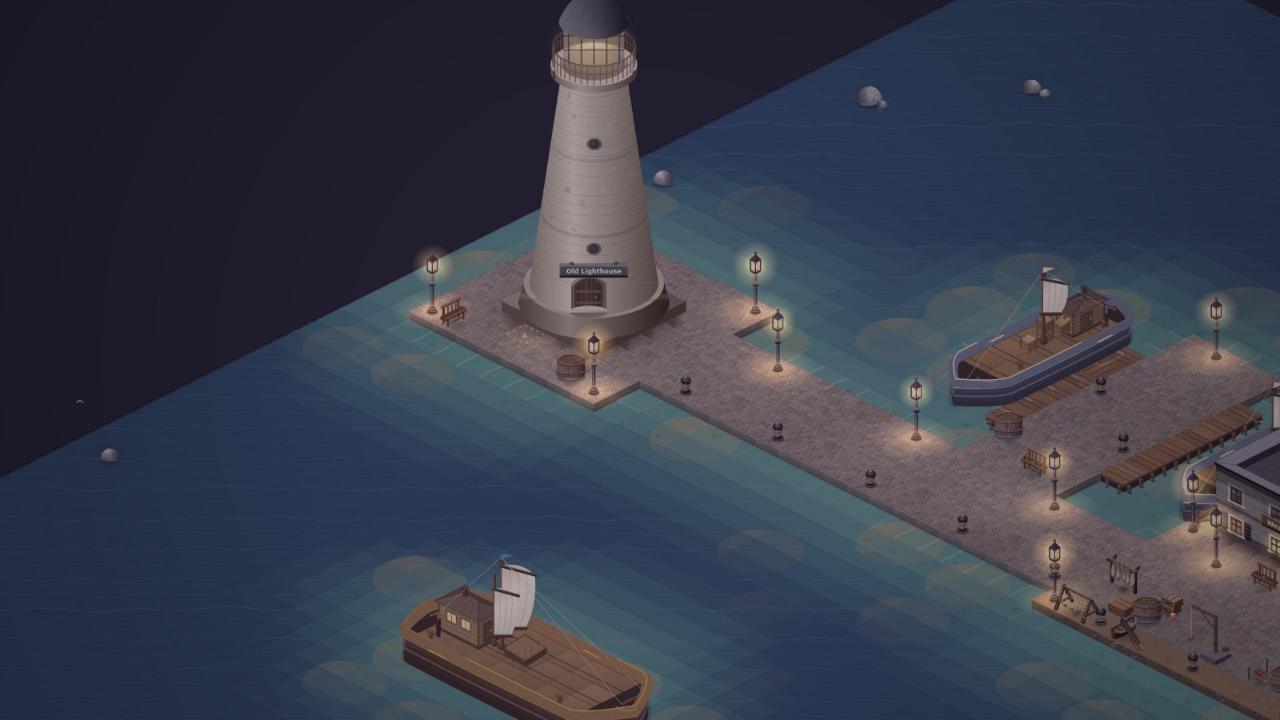 The Old Lighthouse on the harbour mole at night, its lamp lit.