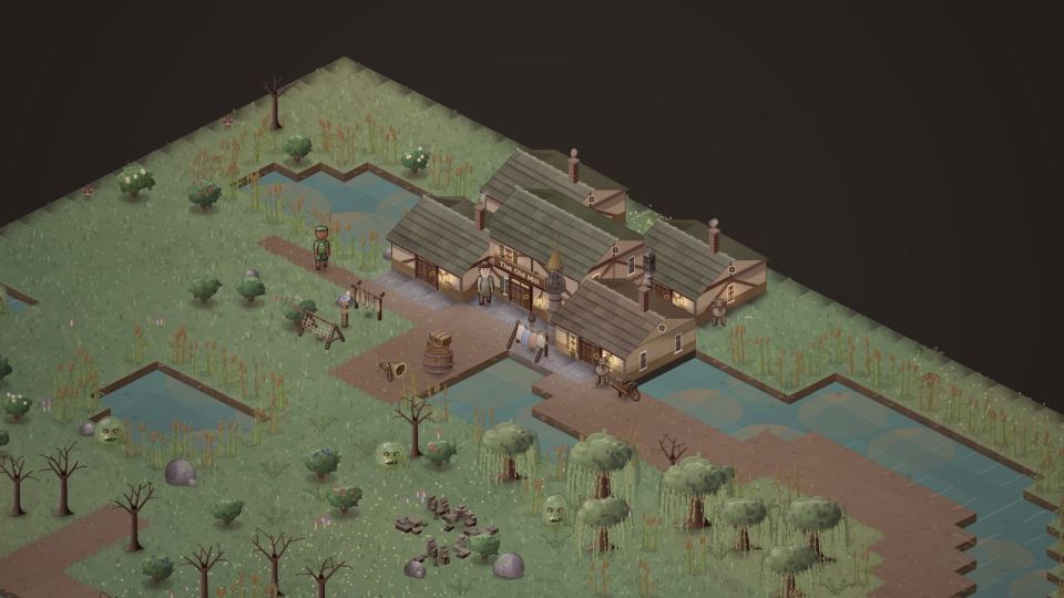 The half-drowned village of Willowbrook, with lanterns over dark water.