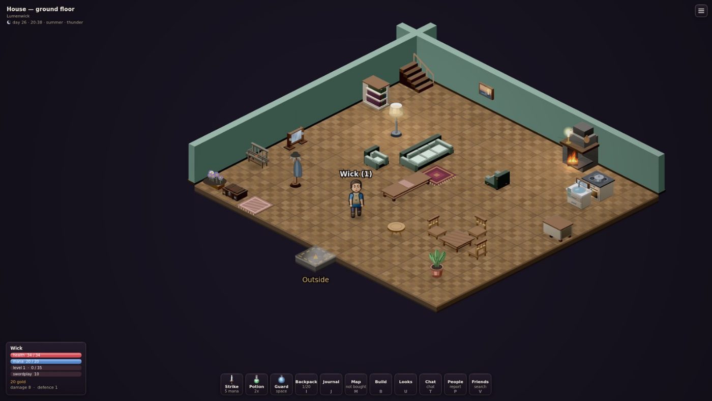 The ground floor of a player's house, furnished with a fireplace, sofa, dining table and bookcase.